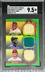 2022 Topps Triple Threads Baseball, Triple Relic Combo Emerald 7/18, May / Griffey, Jr / Trout, #RCC-MGT, SGC 9.5