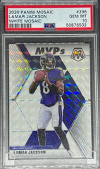 2020 Panini Mosaic Football, White Mosaic 5/25, Lamar Jackson, #296, PSA 10