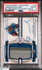 2022 Panini National Treasures Rookie Treasures Autograph Relic Jameson Williams #JWI RK Blue PSA 8