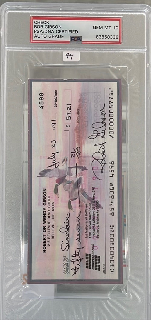 1991 Bob Gibson Check Autograph PSA/DNA Authenticated PSA 10