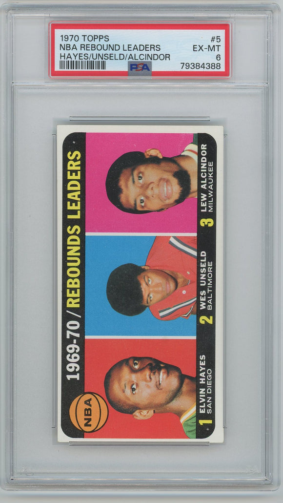 1970 Topps #5 NBA Rebound Leaders Hayes/Unself/Alcindor PSA EX-MT 6