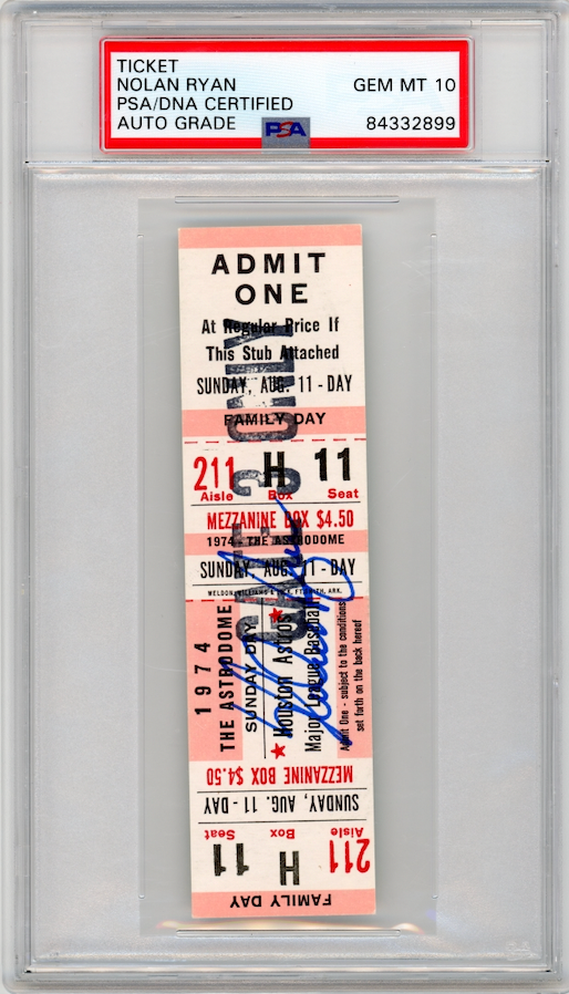 1974 Ticket Signed by Nolan Ryan PSA 10 GEM MT